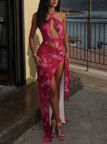 Hot Girl Irregular Hollow Print High Split Sexy Maxi Dress
