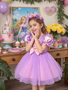 Baby Girls' Purple Puff Sleeve Embroidery Mesh Luxurious Princess Dress, Suitable For Party