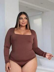 Women's Long Sleeve Square Neckline Suplex Bodysuit Without Pads Autumn Winter Immediate Shipping - 棕色 - 大尺碼 GG - 查看 2