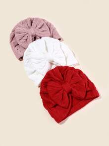 Set de 3 gorros de bebé recién nacido en unicolor, elásticos, con venda de moño - Multicolor - Ver 38