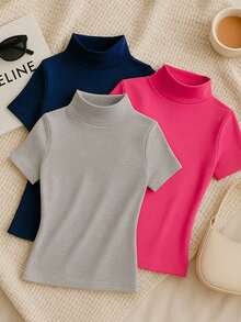 Kit 3 Suplex Blouses High Collar Basic Casual Women - 灰色/粉紅色/海軍藍 - 查看 1