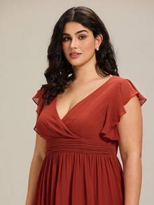 Vestido de dama de honor con cuello en V, unicolor, espalda descubierta, cintura alta y fruncido, adecuado para bodas, vestido rojo, atuendo de invitada a boda de otoño, talla grande - Rojo - Ver 6