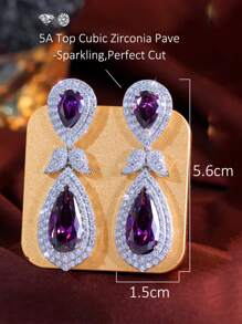 1 Pair Exquisite Silver Plated CZ Long Leaf Teardrop Purple Dangle Earrings, Bridal Cubic Zirconia Women Jewelry For Brides, Wedding, Engagement, Banquet, Party, Gift For Ladies, Bridesmaids, Mother