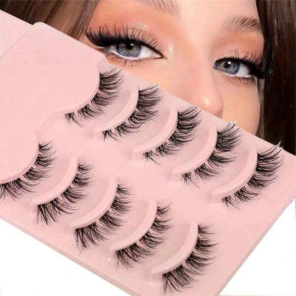 False Eyelash Tufts Natural Look, Wispy Manga Eyelash Extension Cat Eye Eyelash Set With Transparent Band Short Anime Korean False Eyelashes 5 Pairs Of
