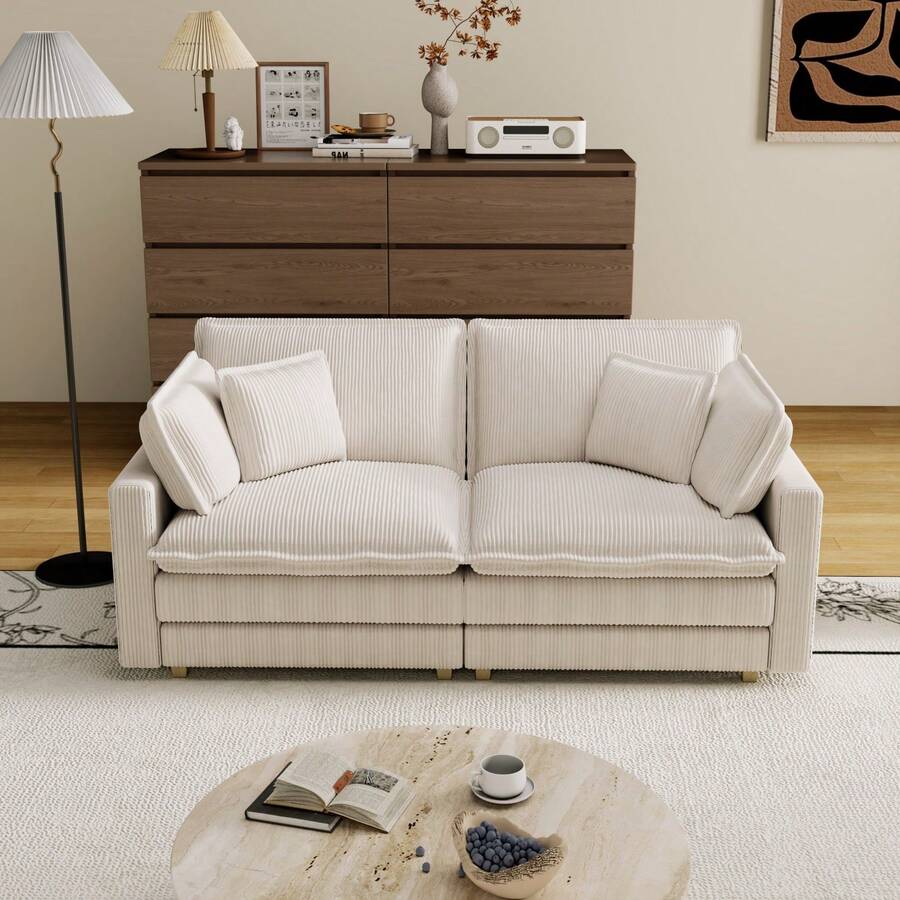 70" Modular Corduroy Sectional Sofa, Oversized Deep Seat 2-Seater Cloud Couch With 4 Pillows, Fluffy Upholstered L-Shaped Sofa For Living Room Or Bedroom,Beige - 米色 - 查看 1