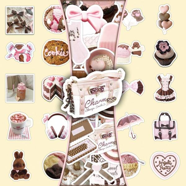 50pcs Pastel/Beige Aesthetic Cute Cartoon Wall Stickers, Creative Decorative Stationery Supplies For DIY