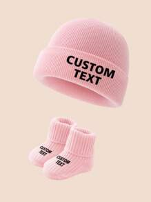 2pcs/Set Personalized Graphic Knit Hat And Socks For Infants & Toddlers, Comfortable, Fashionable And Versatile, Suitable As Gifts For Boys And Girls For Everyday Wear