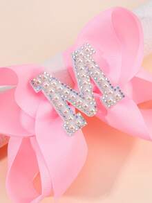 1 pieza Clips para el cabello con moños y letras del abecedario de color rosa para niñas, clips de pelo con lazo y decoración de perlas en forma de letras, accesorios de moda con pinzas de cocodrilo para regalos de fiesta y uso diario - Rosa - Ver 7