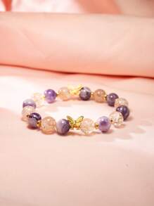 2 Pcs/Set Ring & Bracelet, Adjustable Ring For Women, High Quality Natural Purple Crystals Bracelets With Golden Butterfly Pendant, 10mm Beads Jewelrys For Travel Wear By Women, Best Friend Gift