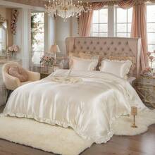 300 Thread Count Satin Duvet Cover Set Ruffled Duvet Cover Set Silk Like Satin Bedding Set Solid Color Bedding Sets Silky Ruffled Duvet Cover Set Luxury Hotel Bedding Cover Set All Season Quilt Cover With Pillowcases - White - View 4