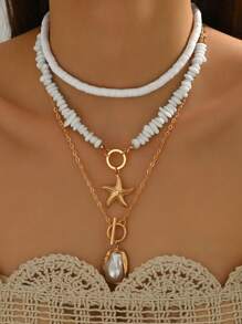 3pcs/Set Bohemian Style Minimalist Choker Necklace Set With Natural Stone, Alloy Starfish Pendant, Oversized Irregular Faux Pearl Pendant And Lobster Clasp, Suitable For Daily Wear, Vacation, Party