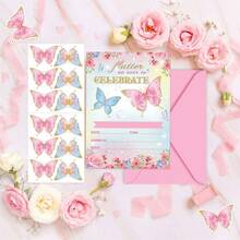 25pcs Assorted Pink & Blue Color Butterfly Greeting Card & Stickers Set, Birthday Party Invitation Card Set Includes 2 Types Of Cards, 2 Types Of Envelopes, & 5pcs Stickers Each