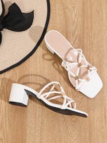 Women's Elegant High Heel Slip-On Sandals, Metal Buckle Thick Heel Fashion Hollow High Heeled Sandals For Outdoor Wear