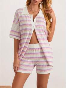 Conjunto de pijama de 2 piezas para mujer, ropa de estar por casa, trajes de rayas con botones de color en contraste, tops y pantalones cortos de punto de crochet, conjuntos de estar por casa - Morado - Ver 3
