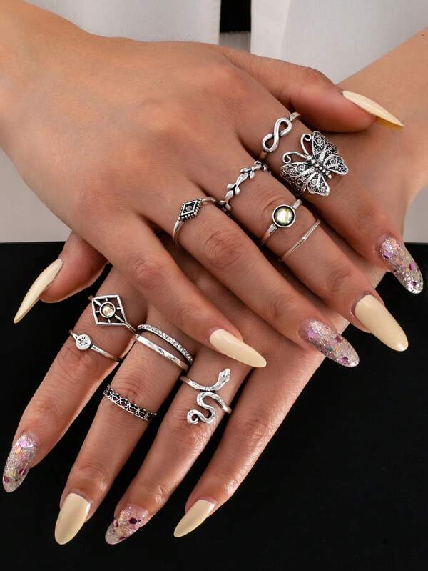11pcs/Set Bohemian Punk Style Sun, Snake, Leaf Elements Fashion Rings Set, Suitable For Women's Daily Wear