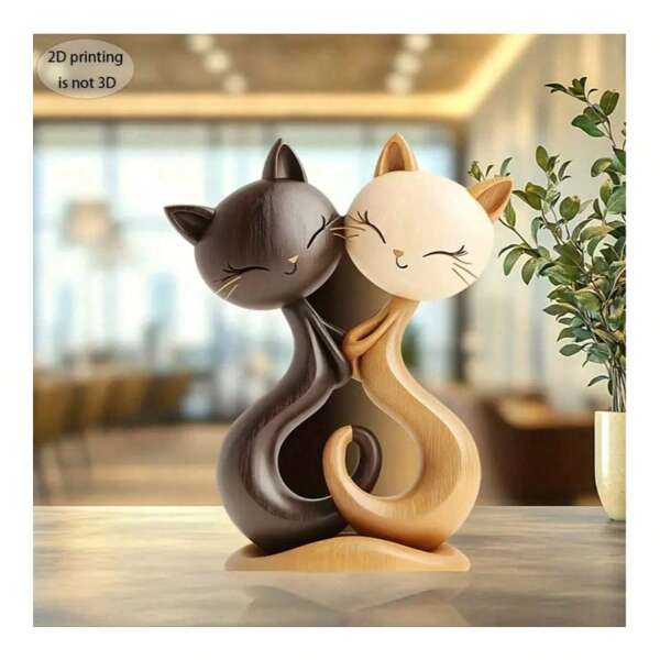 2D Wood Cat Couple Statue, Heart - Shaped Romantic Animal Decor, Bohemian Home/Office Decoration, Ideal Gift For Couples, Collectible, Birthday Gift, Cat Lover Present ,Suitable For Desk, Bedroom, Living & Dining Room