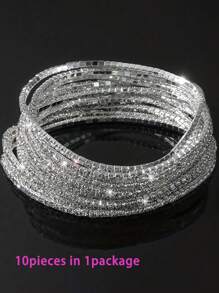 Set de 10 piezas/paquete Pulseras con Piedras Rhinestone, Pulseras elásticas clásicas de cristal multicolor, Joyas para Mujer