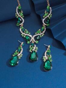 [1 Set Boho Chic Jewelry] 1 Set Boho Chic Y-Necklace And Dangle Earrings Jewelry Set | Alloy With Green Gemstone Accents | Versatile For Daily Wear And Gifting, Earth Day Celebration Accessory