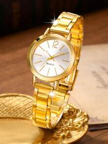 SOKI SOKI 一套女士时尚休闲圆形石英表和简约链条手链套装，适合日常佩戴、生日礼物、派对、节日聚会，是送给自己或朋友的理想礼物。不含包装盒。 - 金色 - 查看 3