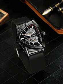 T-WINNER Relógio mecânico automático triangular esportivo masculino, 1 peça, com ponteiros luminosos, pulseira de borracha, relógios masculinos de negócios, presentes