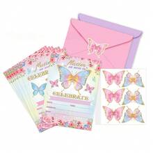 25pcs Assorted Pink & Blue Color Butterfly Greeting Card & Stickers Set, Birthday Party Invitation Card Set Includes 2 Types Of Cards, 2 Types Of Envelopes, & 5pcs Stickers Each