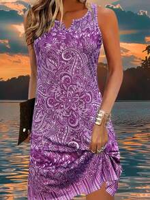 时尚印花连衣裙，适合休闲、度假、居家、工作、婚礼、派对、海滩、睡衣等场合。轻盈、优雅、百搭，修身剪裁，专为女性设计。 - 紫色 - 查看 5