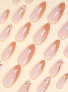 Expresa tu amor con 24 uñas postizas en forma de almendra con estilo elegante francés en colores naranja, marrón, rayas blancas, rayas doradas, nubes blancas con brillo y rayas rosas. Incluye un salón de uñas con 1 pieza de gel de jalea y 1 lima. Envío aleatorio del gel de jalea.