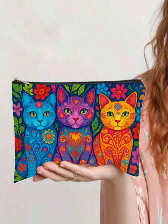Bolsa de maquillaje con estampado de gato bohemio con cremallera - Bolsa de maquillaje con tema de ballet - Ligera, plegable y resistente a la decoloración Neceser cosmético con cremallera para viajes y competencias de danza - Regalo perfecto para fiestas, Día de San Valentín, regalo para amantes de la danza, vibraciones bohemias, artículos escolares, bolsa de viaje para mujeres, bolsa de maquillaje para viajes