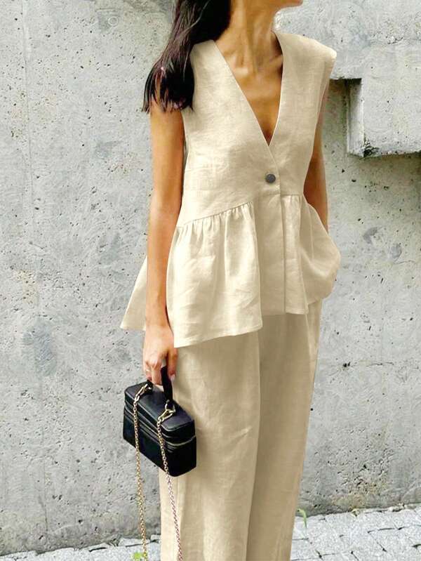 Set 2 buc. bluză fără mâneci și pantaloni cu talie elastică pentru femei, material casual elegant din șifon, ușor și transparent, potrivit pentru întâlniri de seară, plajă, nuntă, grădină, stradă