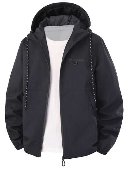 Vinter Plus Size Herr Högkvalitativ Enfärgad Huvjacka, Bekväm Lätt Avslappnad Sportig Bomberjacka För Vår & Höst