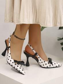 Women's Pointed Toe High Heeled Single Shoes, Satin Polka Dot Stiletto Heels, Ankle Strap Buckle Adjustable Comfortable High Heeled Sandals, Hollow In The Middle And Hollow In The Back Comfortable And Breathable, Suitable For Outdoor And Office - White - View 8