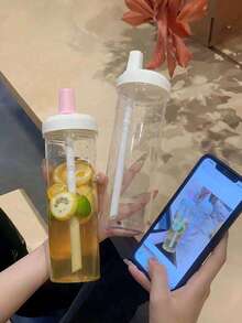 1pc Large Straw Cup: Transparent Plastic Bottle, Can Hold Juice, Milk And Drink Directly - Multicolor - View 6