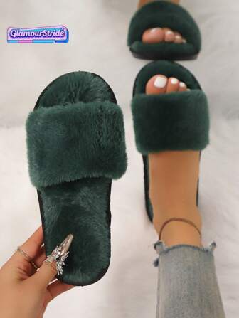 (Order One Size Up) Green Open Toe Slippers, Flat Plush Slippers, Women Slippers, Christmas Slippers, Halloween