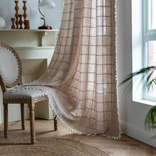 Boho Curtains 84 Inches Long Bedroom, Taupe Cotton Linen White Stripes Embroidery, Chic Hollow Geometric, Semi Blackout Window Vintage Drape With Tassels, 1 Panel W52 X L84, Fashionable Home Decor - Tan - 查看 9