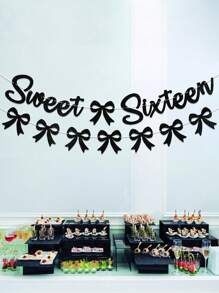 1 pièce Drapeau à tirer pour anniversaire Sweet Sixteen, bannière d'anniversaire Noire/Rose/Or rose/Or/Violette/Bordeaux avec nœud, décoration de fête d'anniversaire Sweet 16 pour fille/femme