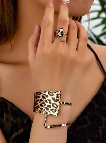 1 Conjunto Pulseira e Anel com Estampa Geométrica de Leopardo, Conjunto de Presente para Mulheres, Pulseiras e Anéis com Estampa Animal, Conjunto de Pulseira e Anel Grosso Combinando para Mulheres