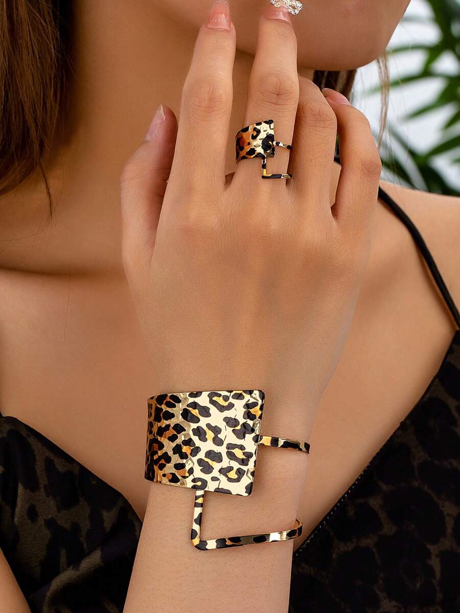1 Conjunto Pulseira e Anel com Estampa Geométrica de Leopardo, Conjunto de Presente para Mulheres, Pulseiras e Anéis com Estampa Animal, Conjunto de Pulseira e Anel Grosso Combinando para Mulheres