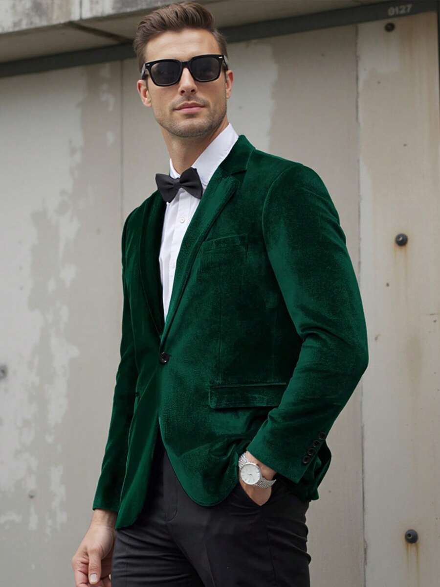 男士纯色翻领长袖休闲西装外套 - 綠色 - 查看 1