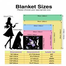 Sanrio Kuromi Anime Decke mit Motiv der Zauberball-Karte - Hergestellt aus gestricktem Polyesterfleece, moderner Digitaldruck, Cartoon-Thema, Katzenbekleidung, bequeme Wohndekoration-Decke für alle Jahreszeiten, maschinenwaschbar