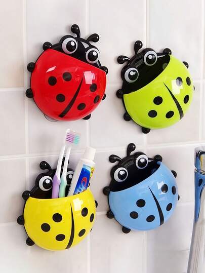 1pc/2pcs Toothbrush Holder,Ladybug Design Toothbrush Holder,Wall-Mounted Toothbrush Storage Rack,Suction Cup Bathroom Storage Box,Multifunctional Toothpaste Toothbrush Holder,Wall Mounted Makeup Brush Comb Storage Rack,Free Punching Bathroom Hanging Toothbrush Holder,Pen Holder,Fork/Spoon/Chopstick Holder