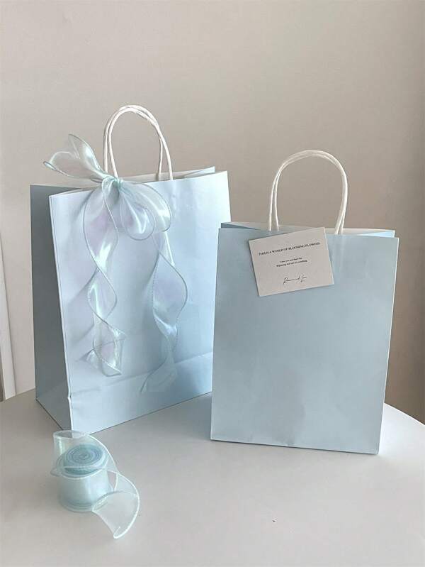 Sacola de Presente de Papel Kraft Cor Sólida com Decoração de Laço, Sacola de Presente Elegante com Alça, Sacola de Embrulho de Presente Versátil nas Cores Azul Céu e Creme