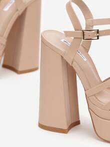 Platform And Block Heel Sandals With Thin Straps And Buckle - Beige - View 4