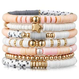 7pcs/Set Boho Soft Clay Star Stretch Bracelets, Suitable For Women Daily Wear
