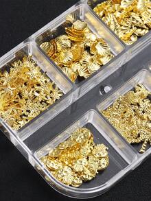 Decoración de uñas DIY de 6 rejillas con diseño de verano de conchas marinas, estrella, remache de metal, caracola y árbol de coco, dijes para uñas - Dorado - Ver 6