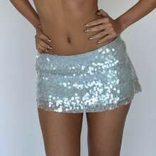 Women Y2K Summer Vintage Sequin Mini Skirt Low Waist Sparkle Glitter A-Line Bodycon Skirt Night Out Dance Party Shiny Short Skirt - 藍色 - 查看 7