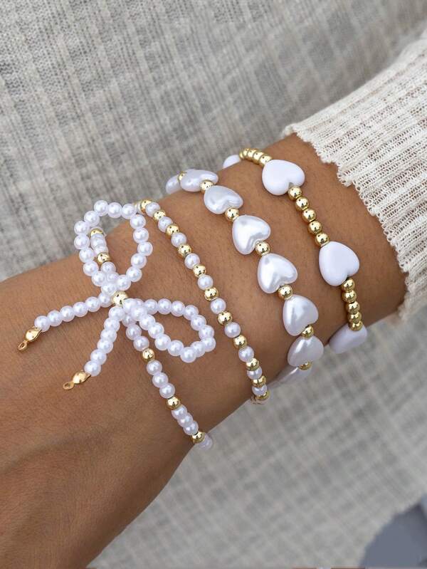 4pcs/Set Elegant Faux Pearl Bow & Heart Beaded Bracelet Set, Versatile For Daily Wear Or Gatherings