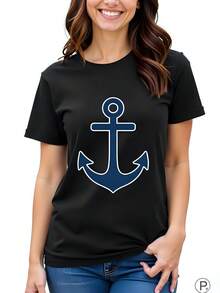 Camiseta de  180g de Algodón con Cuello Redondo y Manga Corta, Diseño de Ancla Impreso Ideal para Estilo Náutico y Casual, Perfecta para el Verano и Prenda Versátil para Cualquier Ocasión, Moda Juvenil y Cómoda. - Negro - Ver 1