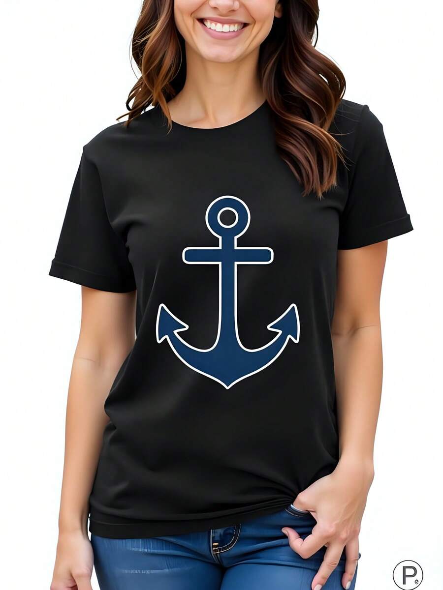 Camiseta de  180g de Algodón con Cuello Redondo y Manga Corta, Diseño de Ancla Impreso Ideal para Estilo Náutico y Casual, Perfecta para el Verano и Prenda Versátil para Cualquier Ocasión, Moda Juvenil y Cómoda. - Negro - Ver 1