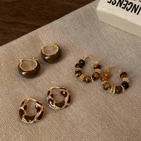 1 Pair /2 Pairs /3 Pairs Of Retro And Elegant Soft Amber Resin U-Shaped Earrings, Simple Women's Earrings, Maillard Tiger's Eye Earrings, Can Be Freely Matched With All Kinds Of Clothing, Making Them Excellent Accessories For Women's Summer Outfits