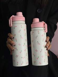 1 件 600ml/800ml/1000ml 粉色蝴蝶结和郁金香图案双层不锈钢保温杯，户外运动水瓶，平底杯，适用于办公室、户外、健身房、旅行、家居；生日、情人节、母亲节、毕业礼物 - 彩色 - 查看 3